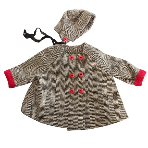 VTG Doll 1960’s Handmade Wool Double Breasted Trench Coat Matching Bonnet Hat - Picture 1 of 3